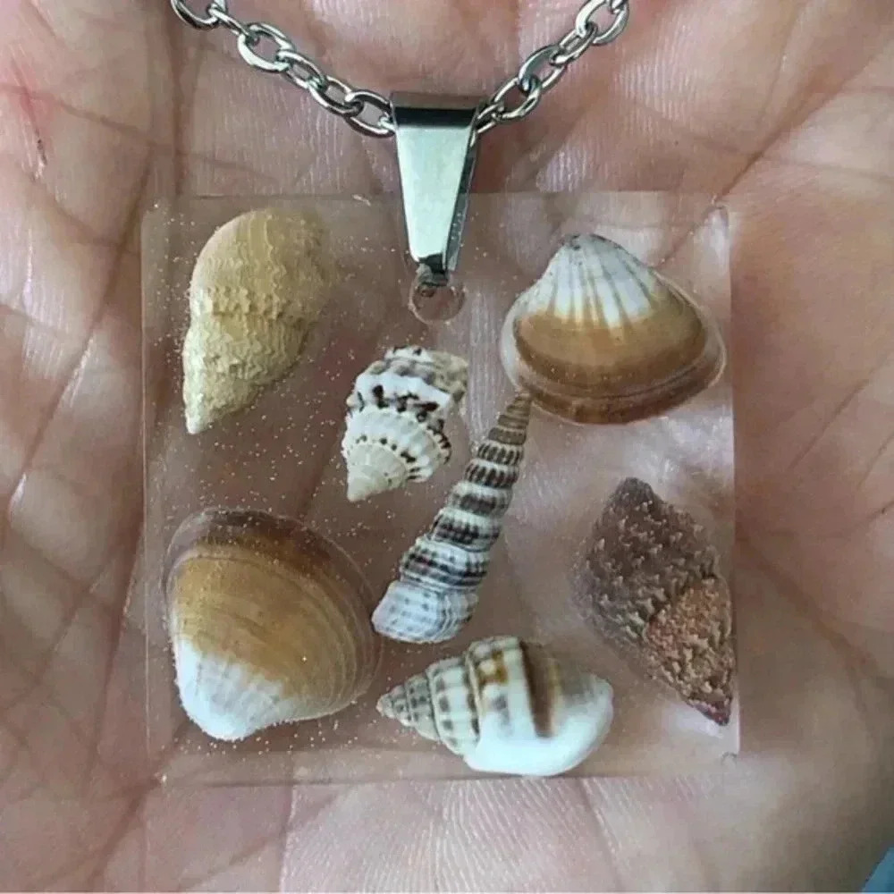 Real Mini Seashells Square Stainless Steel Necklace Handmade New NWT